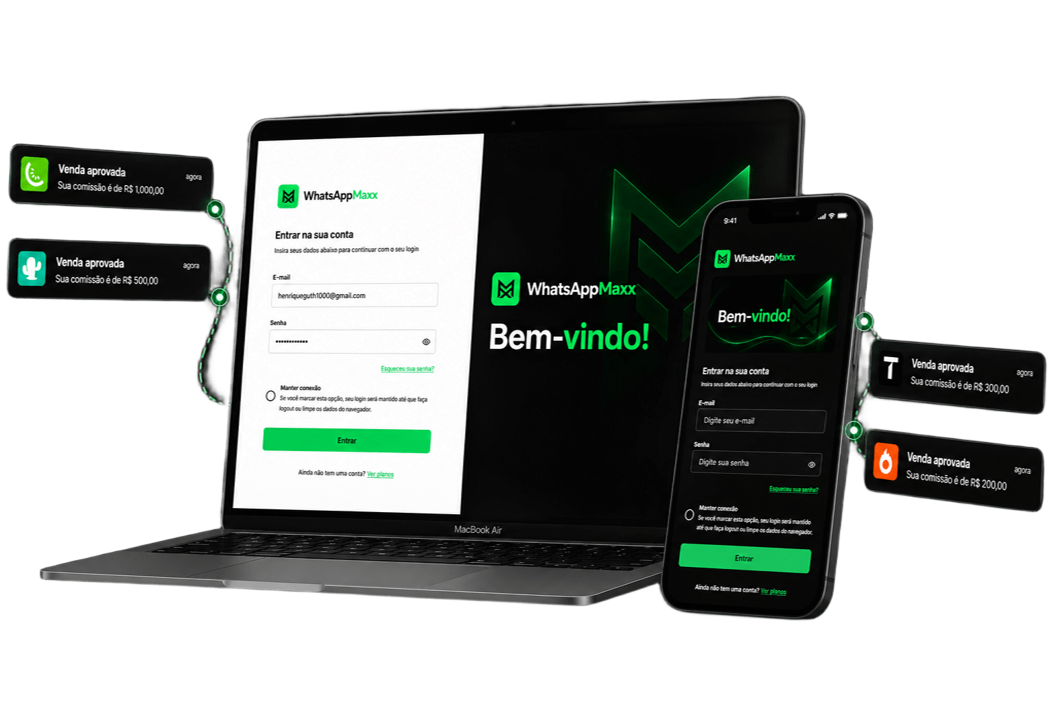 Mockup do WhatsApp Maxx no celular e desktop